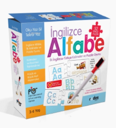 İngilizce Alfabe / İlk İngilizce-Türkçe Kelimeler ve Puzzle Oyunu / 52 Parça Puzzle / 3-6 Yaş